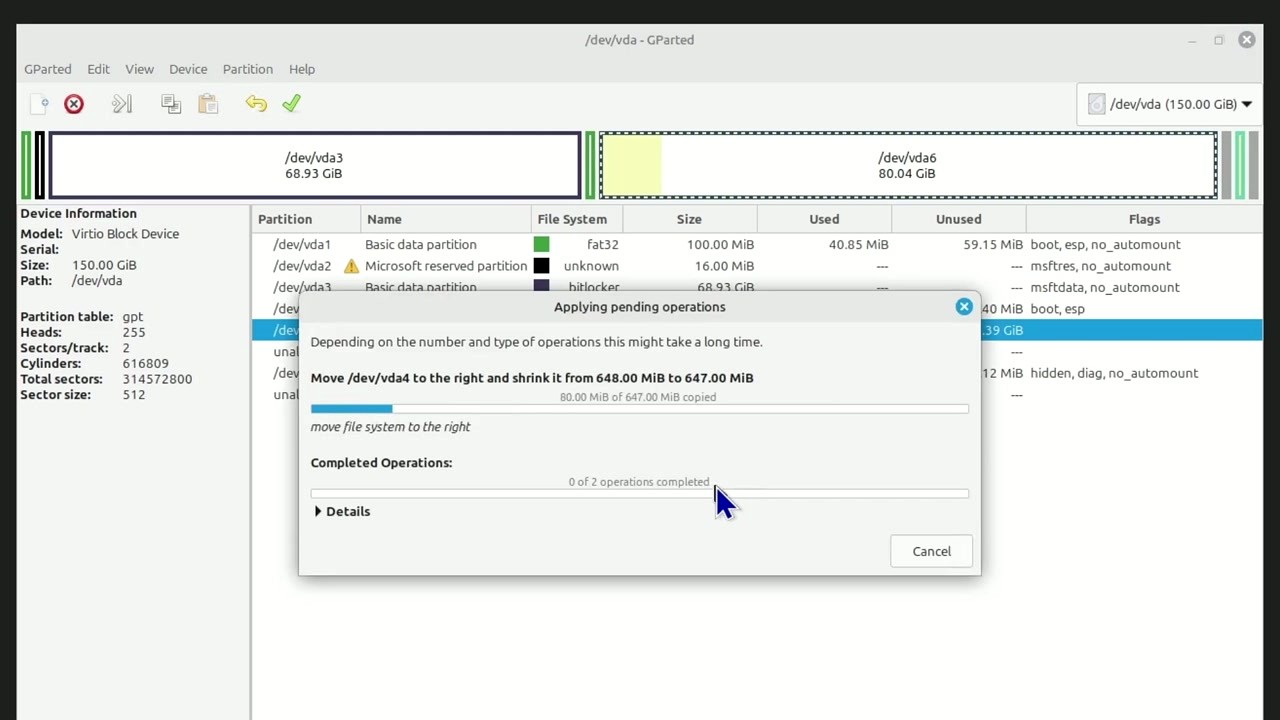 GParted applying pending operations with progress bar