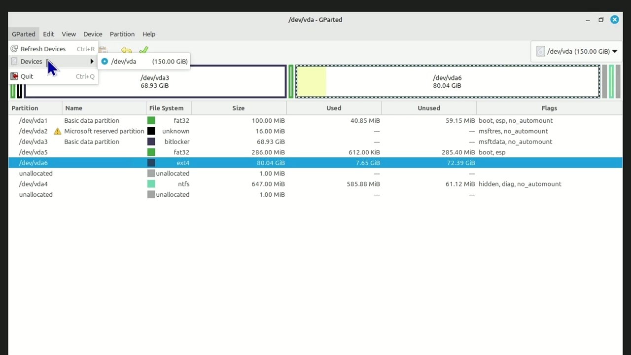 GParted device selection menu with multiple disk options