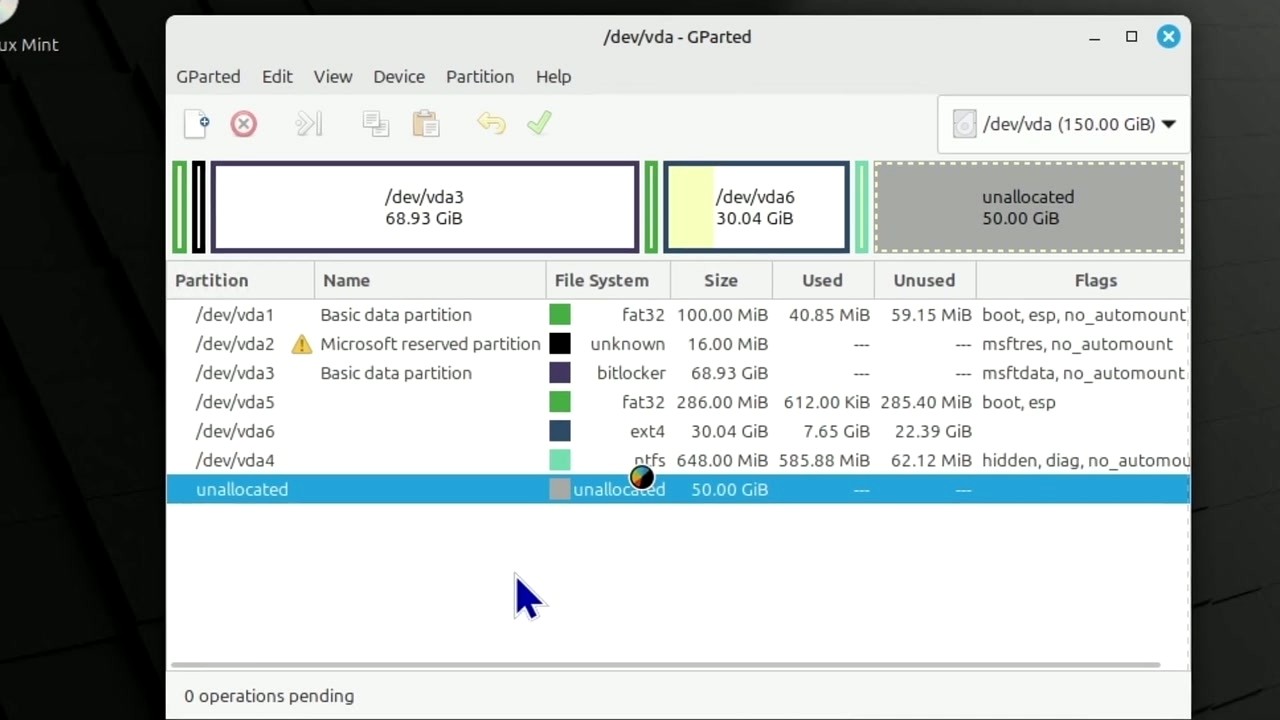 GParted main interface showing detailed partition information