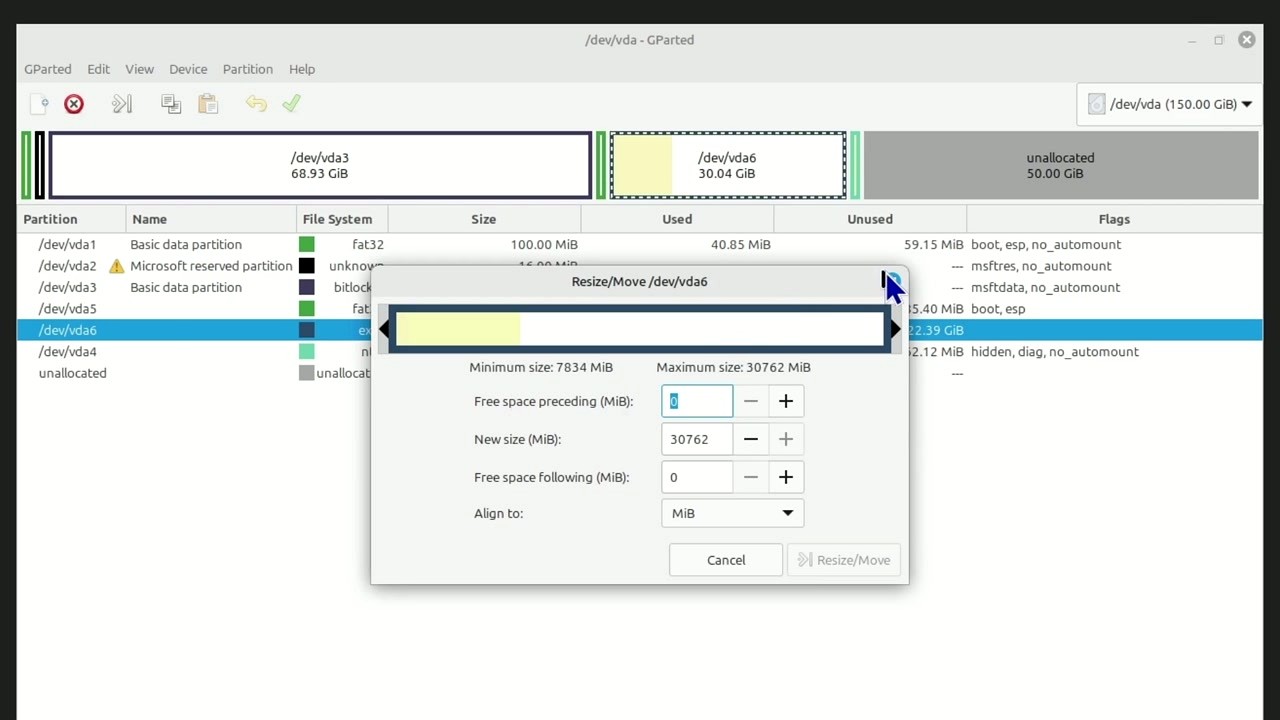 GParted Resize/Move dialog with partition slider and size fields