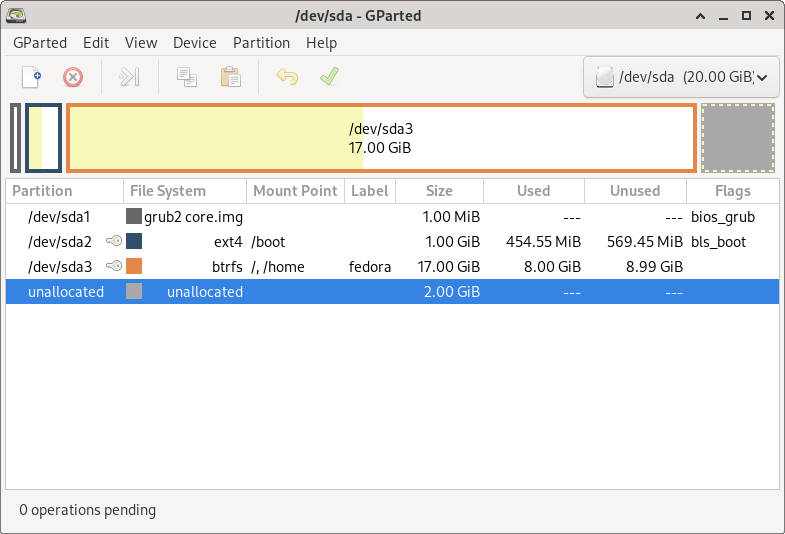 GParted main window showing disk partition layout