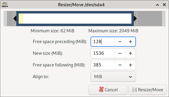 GParted resize and move partition dialog
