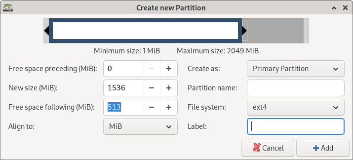 GParted create new partition dialog