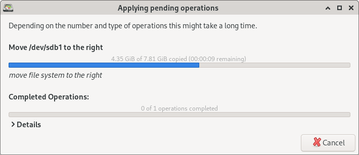 GParted applying partition operations progress